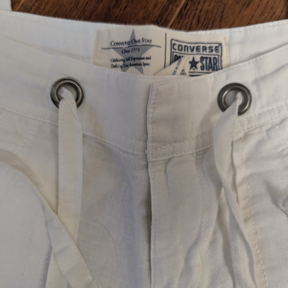 EUC Ladies Converse One Star ⭐ White Linen Cotton Wide Leg Drawstring Pants Sz 4 - Picture 4 of 10